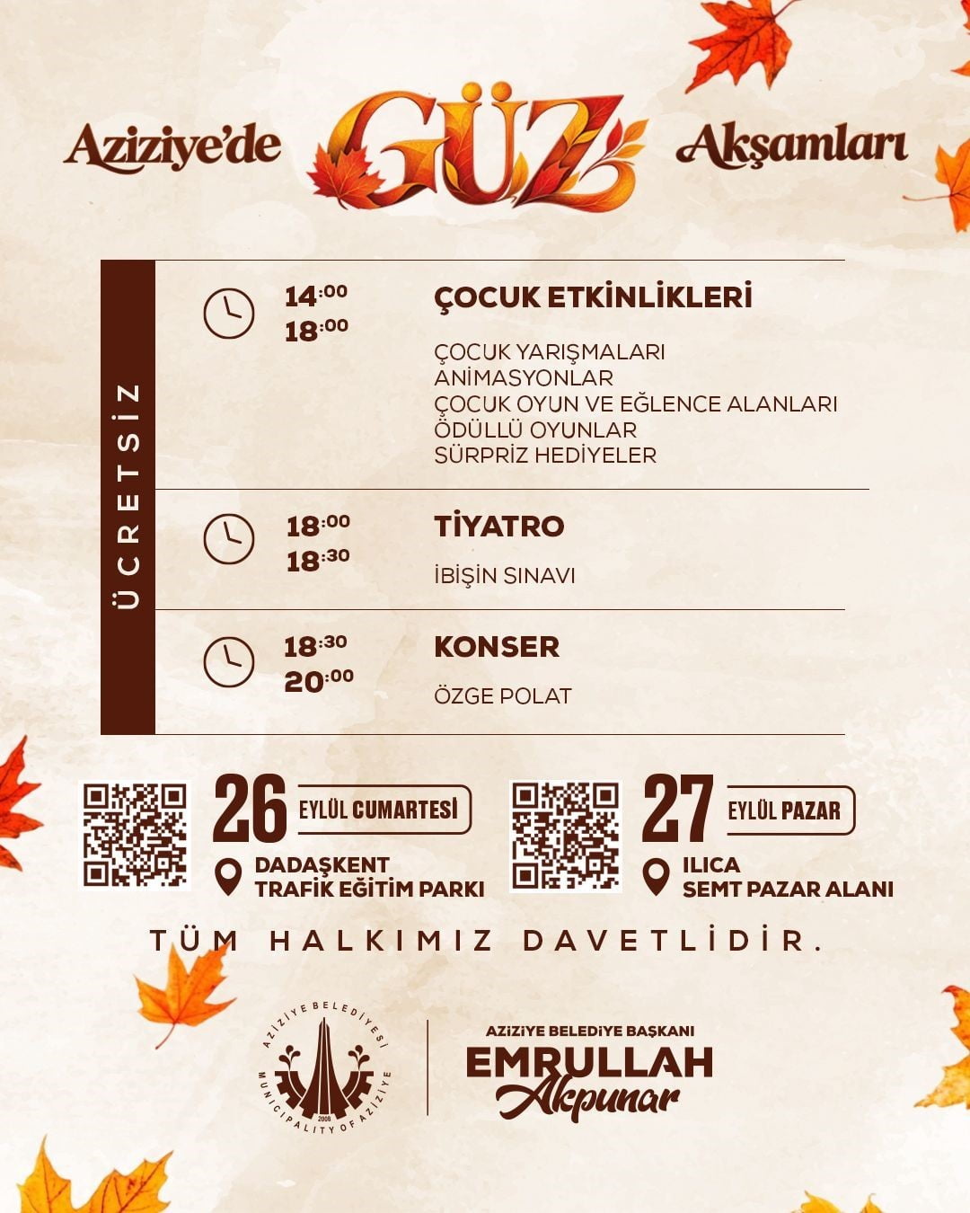 AZİZİYE BELEDİYESİ, İLÇE SAKİNLERİNİ SONBAHARIN RENKLERİNİ VE COŞKUSUNU BİRLİKTE YAŞAMAYA DAVET...