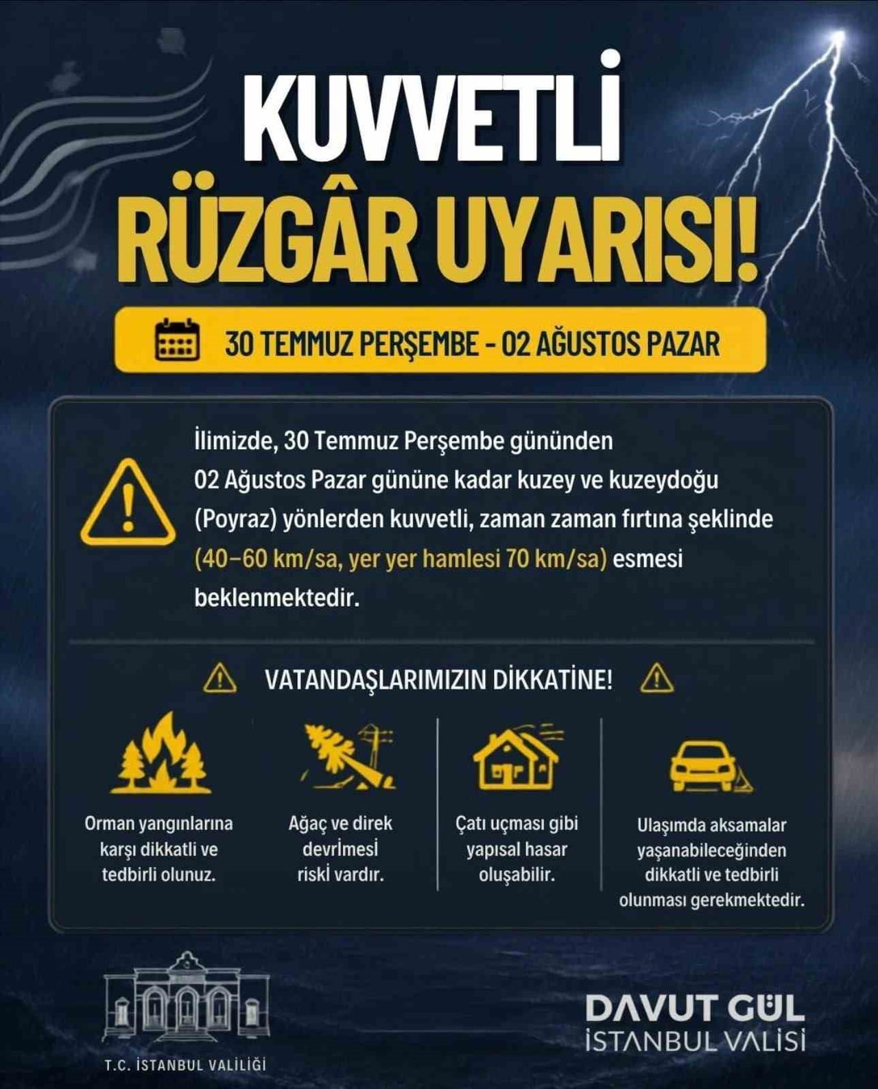 VALİLİK, ORMAN YANGINLARI BAŞTA OLMAK ÜZERE AĞAÇ VE DİREK DEVRİLMESİ, ÇATI UÇMASI İLE ULAŞIMDA...