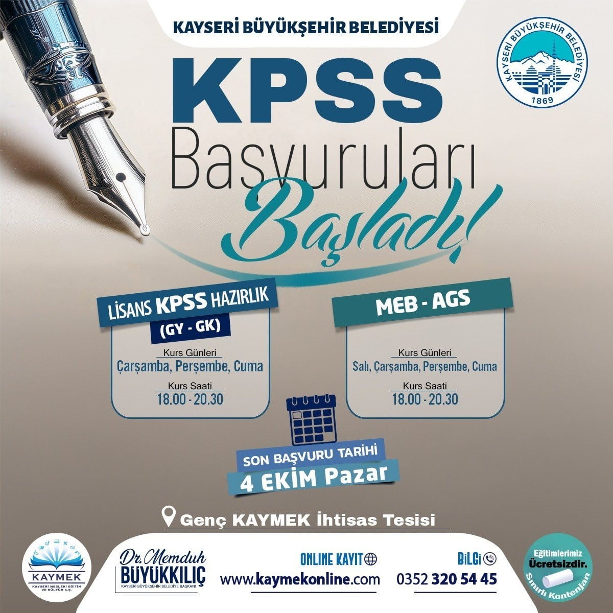 KAYSERİ BÜYÜKŞEHİR BELEDİYESİ BÜNYESİNDE FAALİYET GÖSTEREN KAYMEK TARAFINDAN DÜZENLENECEK KPSS VE...